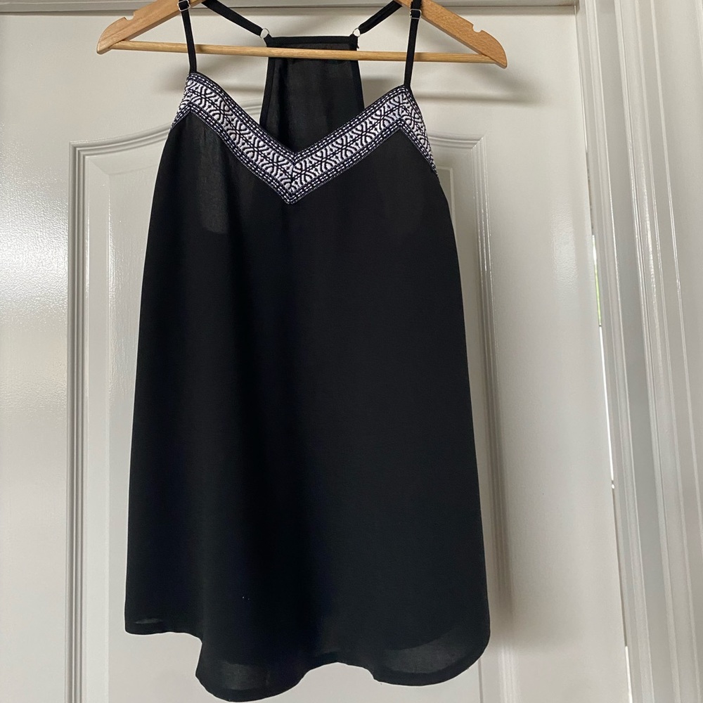 Women’s black tank with white embroidered v-neck size L